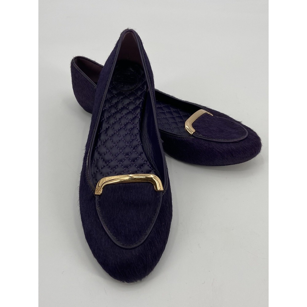 Tory Burch Jess Women's Purple Calf Hair Flats Gold Hardware Slip On Loafers 9.5